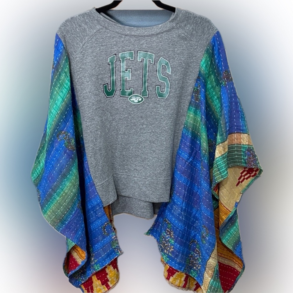 Upcycled NY JETS Upcycled sweatshirt/poncho w/ kantha sleeves, by Susie.